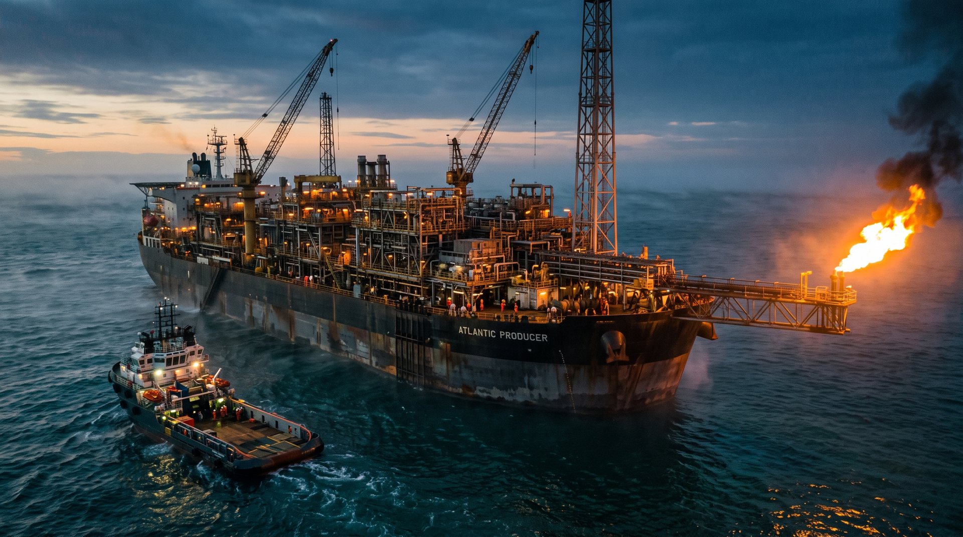 An FPSO production vessel at dawn on dark open water