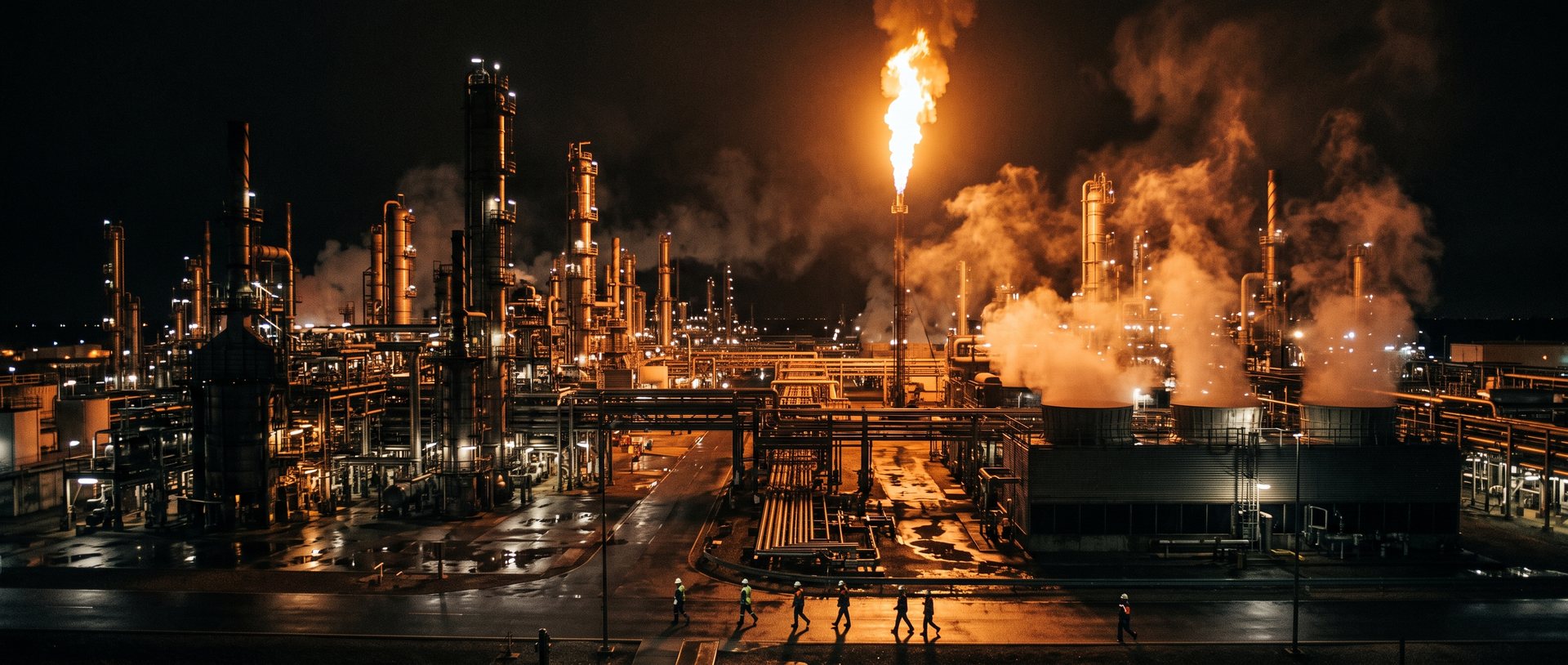 A refinery complex at night, towers and steam under a single burning flare