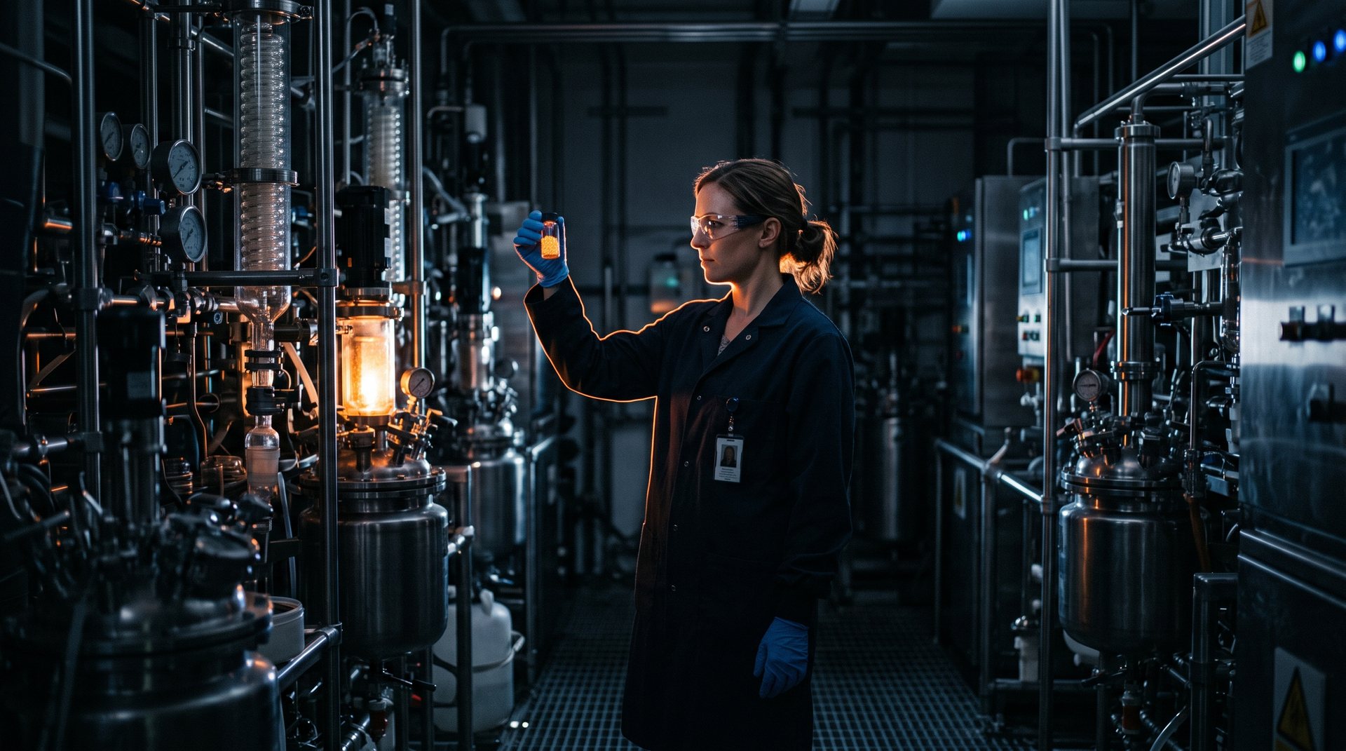 A scientist holding a vial of catalyst pellets in a dark research lab