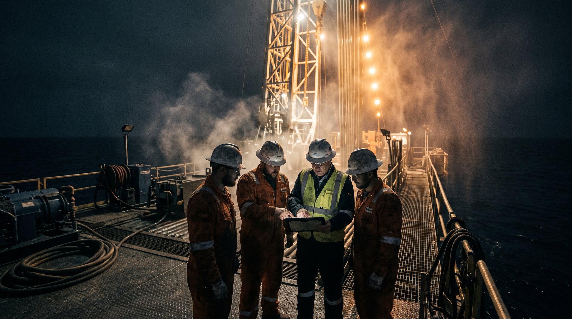Offshore platform crew reviewing a tablet under floodlights at night