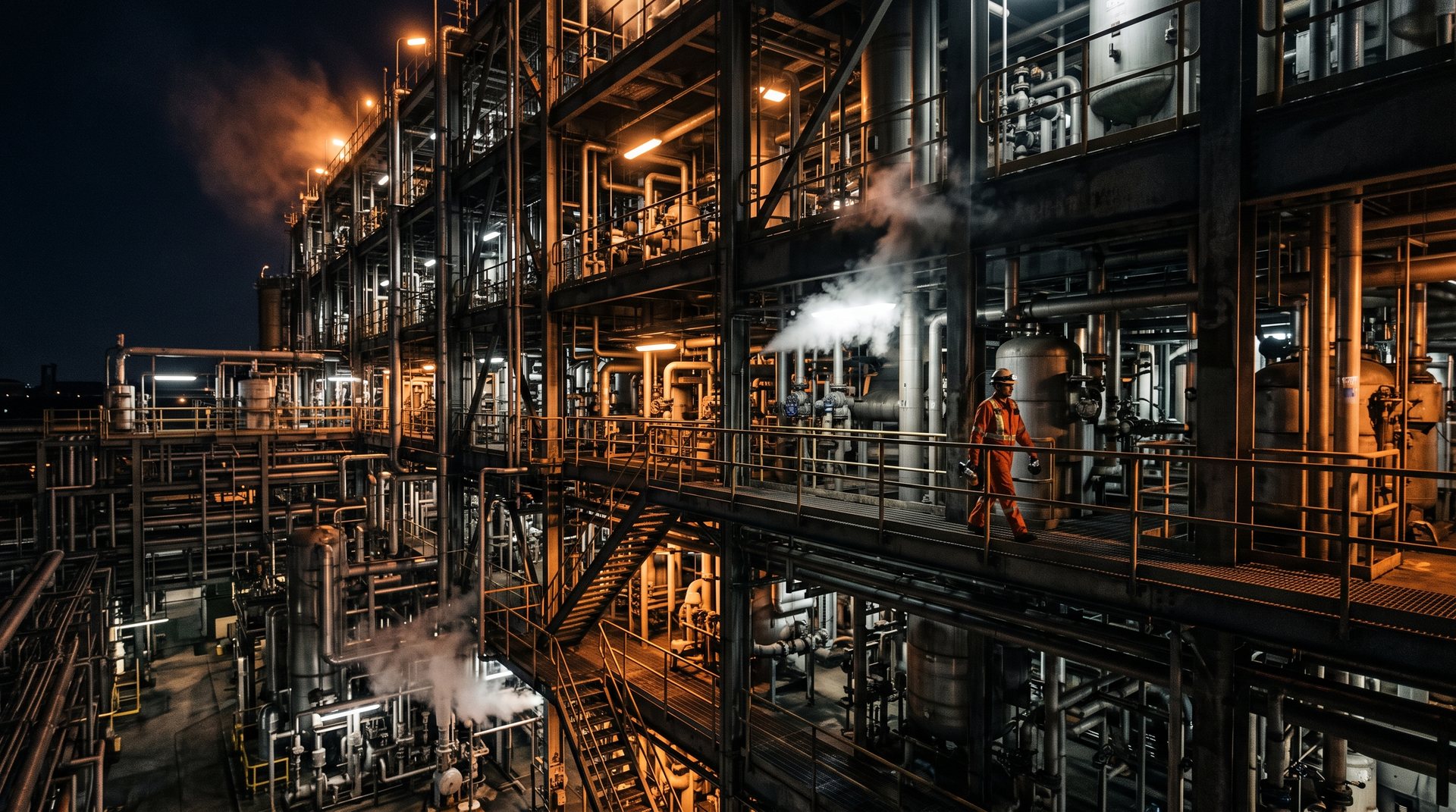 A cathedral of refinery pipework at night with a technician on a catwalk